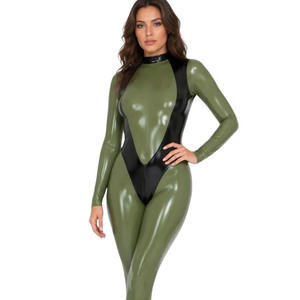 Mono largo de mujer verde oliva con revestimiento de PU, cuello alto, cintura alta, ajustado, de manga larga, con empalmes, estilo clubwear, corte ceñido. - Product Image 4
