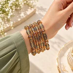 Juego de Brazaletes Étnicos de Latón con Diseño de Hojas y Circones de Jewels by Hasan para Mujer, Joyería Artificial para Fiestas, Venta al Por Mayor de Fábrica - Product Image 1
