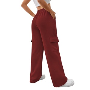 Women's Mid Waist <b>Skinny</b> Fit Cargo Pants French Terry Heavyweight Printed Elastic Waist Winter Full Length Red Sweatpants - Product Image 2