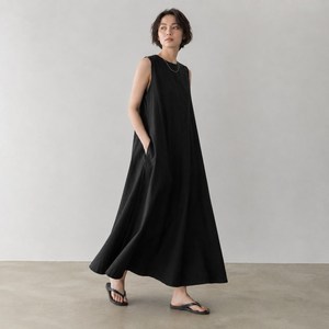 Robe maxi élégante en coton et lin noir uni, col rond, sans manches, coupe ample avec poches, robe maxi décontractée d'été - Product Image 1