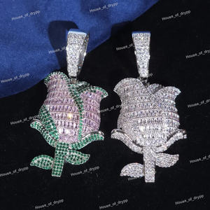 Collar con Colgante de Flor de Rosa con Diamantes Moissanite Engastados en Cadena Cubana de Plata 925, Joyería de Lujo Estilo Hip Hop - Product Image 3