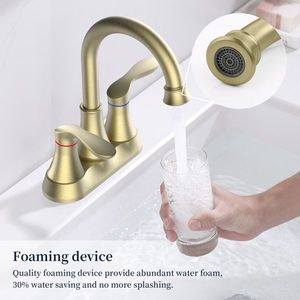 Accessoires de robinetterie de salle de bain : Robinet de lavabo 4 pouces en or brossé, avec bec pivotant à 360 degrés, double poignée, siphon de vidange et flexibles d'alimentation, montage central - Product Image 6