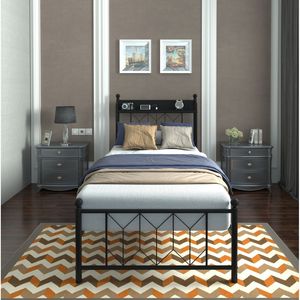 Solid Stable <b>Twin</b> <b>Bed</b> <b>Frames</b> with LED Headboard Charging Station Noise-Free No Box Spring Needed for Bedroom - Product Image 4