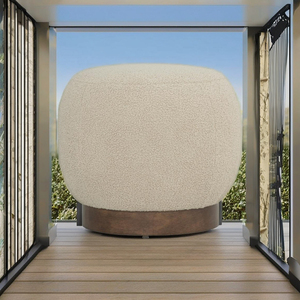Modern Brown Beige Fabric Pouf Ottoman with Cocoa Malaysian <b>Oak</b> Legs Mid for Rustic Footstool Durable Portable for Apartment - Product Image 1