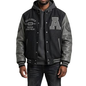 Blouson universitaire noir et blanc avec broderie de patch M, manches en cuir, style baseball, décontracté, streetwear, vêtement d'extérieur - Product Image 3
