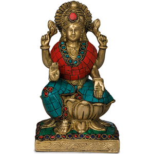 Escultura hecha a mano de la diosa Lakshmi de 7 pulgadas en latón hecha en India para regalar - Product Image 1