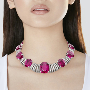 Platinum <b>Ruby</b> <b>Necklace</b> With Oval Cut Diamonds Luxury Women's Wedding Jewelry - Product Image 2
