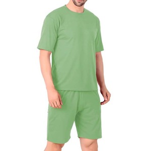 Men's Solid Green Cotton Crew Neck T-Shirt and Shorts <b>Set</b> Print High Street Style Summer Wear Breathable <b>Knitted</b> Fabric - Product Image 1