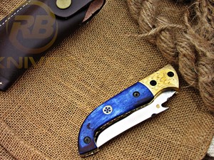 Cuchillo plegable de acero inoxidable con punta de cuchillo, mango de hueso azul, perilla para el pulgar, cuchillo de camping, cuchillo táctico de bolsillo DIY. - Product Image 5