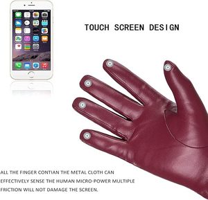 Guantes de cuero color burdeos para mujer, guantes térmicos cálidos de invierno con puño acanalado y dedos completos para conducir - Product Image 4
