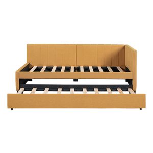 Divano letto imbottito a una piazza e mezza con letto estraibile, in tessuto di lino, senza bisogno di rete a molle (Giallo) - Product Image 4