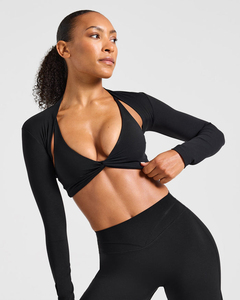 Haut court tricoté extensible pour femme, coupe ajustée, manches longues, ouvert sur le devant, style shrug, en polyester et élasthanne, idéal pour superposition décontractée - Product Image 5