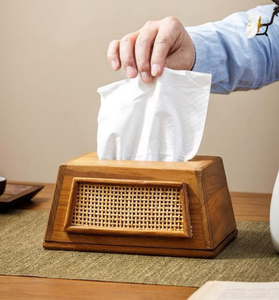 Boîte à mouchoirs artisanale en teck avec panneau en rotin pour salle de bain et décoration intérieure – Étui à serviettes en bois vintage unique pour grossistes - Product Image 2