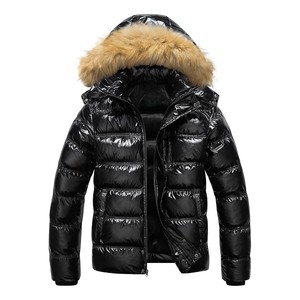 Men's Black Hooded Puffer Jacket With <b>Fur</b> <b>Trim</b> Windproof Zipper Closure Casual Winter Down Filled Regular Fit Solid Color OEM - Product Image 1