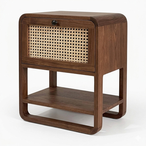 Wholesale Premium Solid Teak Wood Modern Minimalist Pingul <b>Bedside</b> Table Cabinet Rattan Drawer <b>Shelf</b> Storage Walnut Finish - Product Image 2