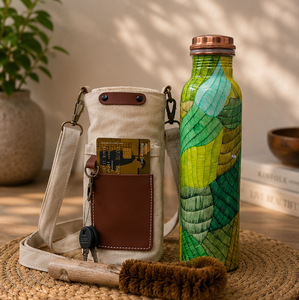Vase d'hydratation artisanal en cuivre imprimé abstrait coloré avec brosse, écologique, portable, multi-usage, pour la maison, avec couvercle et sous-verre - Product Image 2
