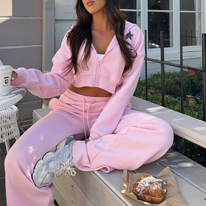 Women's Cropped Zip Up Hoodie <b>Sweatpants</b> <b>Set</b> Custom Logo Vintage Distressed Tracksuit Embroidery Jogger Streetwear <b>Set</b> - Product Image 4