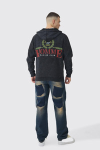 Custom Logo Embroidered Hoodie for Men Vintage Acid Washed Heavyweight 500GSM 100% Cotton French Terry with Zipper Design - Product Image 2
