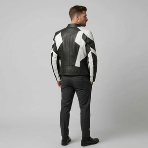 Blouson moto homme en cuir PU noir et blanc, coupe ajustée, col rabattable, fermeture éclair, style hiver - Product Image 2