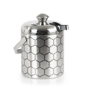 Stainless Steel Ice <b>Bucket</b> <b>with</b> <b>Lid</b> and Tongs Hexagonal Pattern Round Beverage Cooler Tub - Product Image 5