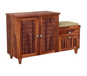 Solid Wood Shoe Cabinet with Bench | 2-in-1 Fretwork Door Shoe Rack and Upholstered Seat | Wholesale Entryway Furniture - Product Image 6