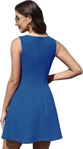 Vestido Mini sin Mangas con Cuello Redondo, Corte en A, Azul Sólido, Casual, Veraniego, Transpirable, Tejido, con Bolsillos - Product Image 3