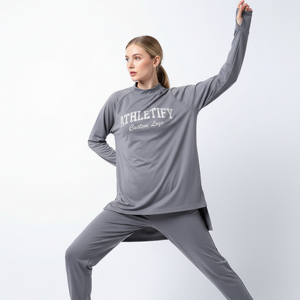 Camiseta Deportiva para Mujer, Modesta, Transpirable, de Secado Rápido, Ecológica, 100% Poliéster, con Dobladillo Alto-Bajo, Manga Larga, Corte Holgado - Product Image 1