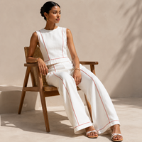 Ensemble deux pièces en lin uni pour femme, haut court à surpiqûres contrastées et pantalon large, tenue d'été sans manches assortie, tailles jusqu'à 3XL, vente en gros