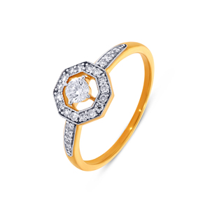 Anillo de Diamantes Solitario Redondo Brillante de Oro Amarillo de 18K Premium con Halo de Diamantes Hexagonales y Hombros con Pavé, Joyería Fina - Product Image 1