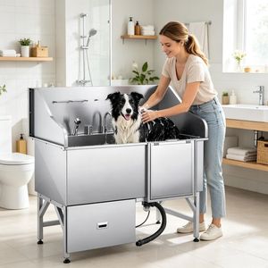 Professional Stainless Steel <b>Dog</b> and Pet <b>Bathing</b> Station with Wood and PP Grooming Tub for Indoor Use for Cats and Reptiles - Product Image 1