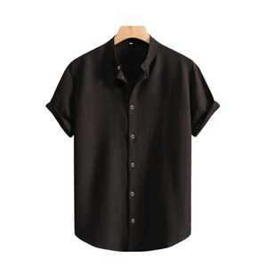 เสื้อเชิ้ตผู้ชายแขนสั้นผ้าฝ้ายลินินถักแบบใหม่สำหรับฤดูร้อน กระดุมแถวเดียว คอปก สีพื้น สไตล์ลำลอง ไซส์ XL - Product Image 1
