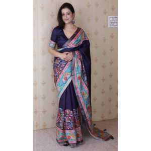 Sari de Seda Tussar Azul Marino con Borde Tejido con Zari y Estampado Floral, Vestido de Noche Elegante, Tejidos de Élite, 500g - Product Image 3