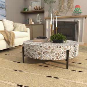 Mother of Pearl Shell Geometric Handmade Round Mosaic Inlay <b>Coffee</b> <b>Table</b> with Black Metal <b>Legs</b> - Product Image 2