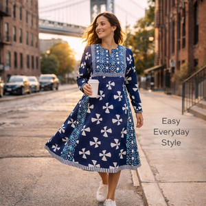 ชุดเดรสผ้าฝ้ายอินดิโก้ทำมือคุณภาพระดับบูติก คอวีเล็ก แขนยาว ลายตัดกัน ชุดเดรสยาวปานกลางสำหรับผู้หญิง - Product Image 6