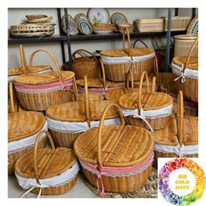 Panier en osier rustique avec ou sans couvercle, grand et petit, panier en rotin tressé à la main avec poignée, style campagnard pour salon et cuisine - Product Image 2