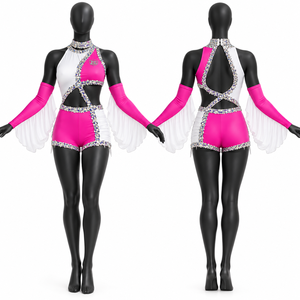 Custom <b>Women</b>’s Rhinestone Dance Costume Pink White One-Piece Performance <b>Romper</b> with Chiffon Wings OEM Manufacturer - Product Image 3