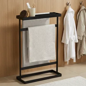 <b>Freestanding</b> Metal Towel Rack with Storage Shelf Modern Bathroom Organizer Stand Dual <b>Bar</b> Holder Space Saving - Product Image 3