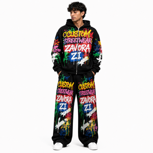 Ensemble de survêtement baggy pour homme 2 pièces, sweat à capuche noir zippé, imprimé graffiti surdimensionné, molleton de coton, imprimé intégral, streetwear, logo personnalisé - Product Image 1