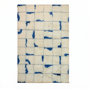 DECORDEC Tapis shag géométrique personnalisé en laine tuftée à la main, antidérapant, écologique, bleu ivoire, motif grille abstraite pour hôtel et villa - Product Image 1
