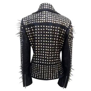 Women's Cowhide Leather Motorcycle Jacket Silver Rivets Spikes Full Sleeve Stand Collar <b>Zipper</b> Closure Winter Eco-Friendly - Product Image 1