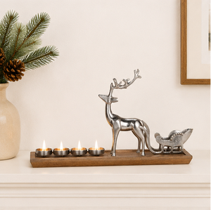 Handmade Aluminum Silver Reindeer And Sleigh <b>Tea</b> Light Candle Holder With Natural Mango Wood Base For Christmas Table Decoration - Product Image 6