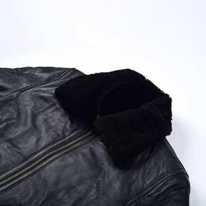 Veste en cuir noir pour homme avec col en fourrure noire, manteau aviateur en peau de mouton véritable, veste de motard chaude pour l'hiver - Product Image 4