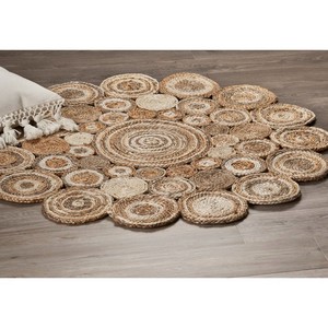 Handcrafted Jute Round Area Rug Bohemian Patchwork Style Flat Weave Living Room Use Spot Clean <b>Thin</b> Pile - Product Image 5