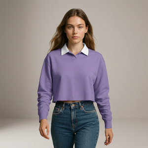 Camiseta de Punto Corta para Mujer, Transpirable, Color Morado, con Cuello Blanco, Manga Larga, Estilo Casual, Color Sólido - Product Image 4