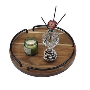 Most Selling Round Wooden Serving Tray with Iron Handles <b>Medium</b> <b>Brown</b> Decorative Coffee Table Tray for Export Sale - Product Image 1