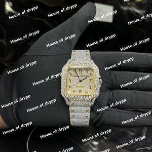 Montre automatique à cadran carré bicolore sertie de diamants, en acier inoxydable avec lunette et bracelet en diamants de laboratoire VVS, design de luxe - Product Image 1