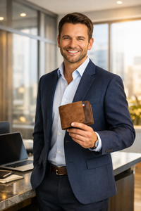 WRIZA Mens Genuine Leather Brown Bifold <b>Wallet</b> Durable Slim Design with Stitch Detailing and Fabric Tag for Professional Use - Product Image 4