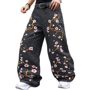 Womens Black Baggy <b>Embroidered</b> Denim <b>Jeans</b> Mid Wide Leg Loose Fit Casual Breathable Quick Dry Cotton Pants Everyday Wear Street - Product Image 4