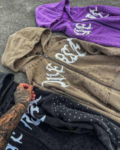 Custom Men's Boxy Zip Hoodie Oversized Heavyweight Vintage Stone Wash Print Distressed 3D Rhinestone Embroidery <b>Patch</b> <b>Applique</b> - Product Image 5