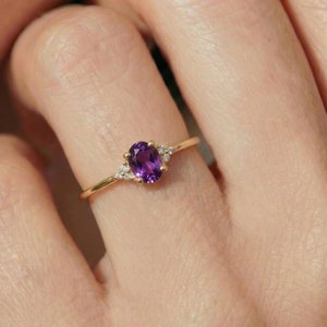 Amethyst Engagement <b>Ring</b> Oval Amethyst <b>Ring</b> 925 Sterling Silver 14K Gold Plated February Birthstone Gift - Product Image 2